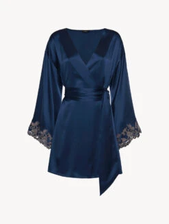 Robe De Chambre Courte En Satin De Soie Bleu Foncé Avec Broderie En Guipure «frastaglio»-Robes De Chambre-MAISON
