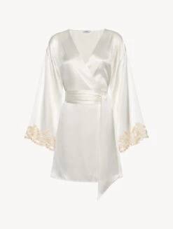 Robe De Chambre Courte En Satin De Soie Blanc Avec Broderie En Guipure «frastaglio»-Robes De Chambre-MAISON