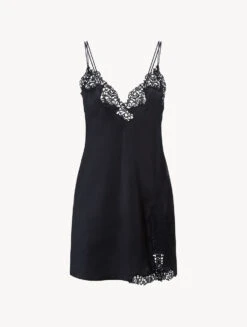 Nuisette Courte Noire Avec Macramé-Lingerie De Nuit En Soie-PETIT MACRAME