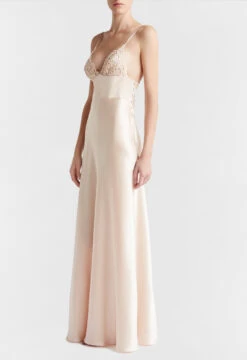 Chemise De Nuit Longue Beige Rosé-Lingerie De Nuit En Soie-PETIT MACRAME -Mode Lingerie Boutique CFILPD0020210 SR BG0034 4 20605 88002.1619103912