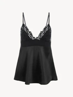 Débardeur En Soie Noire Avec Broderie En Guipure «frastaglio» Macramé-Lingerie De Nuit En Soie-PETIT MACRAME