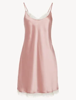 Slip Dress Rose En Soie Avec Dentelle Leavers-Lingerie De Nuit En Soie-PER LEI