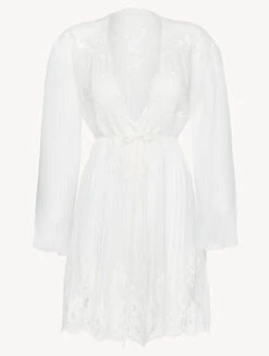 Robe De Chambre Courte Blanc Cassé Avec Dentelle Leavers En Coton-Robes De Chambre-PER SEMPRE