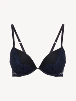 Soutien-gorge Push-up Bleu Acier Et Noir Avec Dentelle Leavers-Rembourré-POESIA