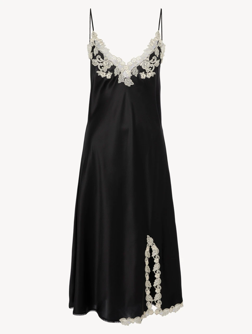 Chemise De Nuit Courte En Satin De Soie Noir Rehaussée D’une Broderie En Guipure « frastaglio »-Lingerie De Nuit En Soie-MAISON 1 Chemise De Nuit Courte En Satin De Soie Noir Rehaussée D’une Broderie En Guipure « frastaglio »-Lingerie De Nuit En Soie-MAISON