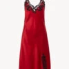 Chemise De Nuit Courte En Satin De Soie Rouge Rehaussée D’une Broderie En Guipure « frastaglio »-Lingerie De Nuit En Soie-MAISON