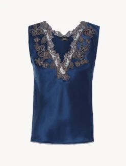 Top En Satin De Soie Bleu Foncé Avec Broderie En Guipure «frastaglio»-Lingerie De Nuit En Soie-MAISON