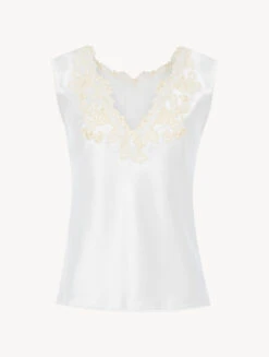Top En Satin De Soie Blanc Avec Broderie En Guipure «frastaglio»-Lingerie De Nuit En Soie-MAISON