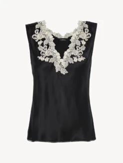 Top En Satin De Soie Noir Avec Broderie En Guipure « frastaglio »-Lingerie De Nuit En Soie-MAISON