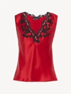 Top En Satin De Soie Rouge Avec Broderie En Guipure «frastaglio»-Lingerie De Nuit En Soie-MAISON