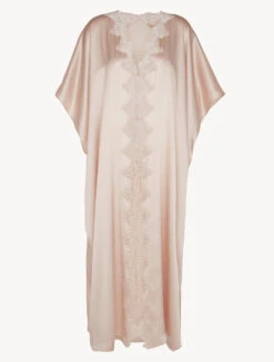 Robe De Chambre Longue En Soie Beige Rosé Avec Macramé Frastaglio-Lingerie De Nuit En Soie-PETIT MACRAME