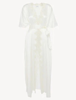 Robe De Chambre Longue En Soie Blanche Avec Macramé Frastaglio-Lingerie De Nuit En Soie-PETIT MACRAME