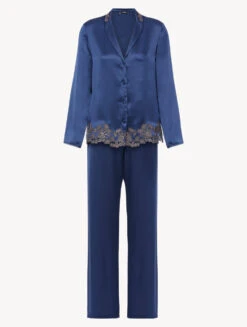 Pyjama En Soie Bleu Foncé Rehaussée D’une Broderie En Guipure «frastaglio»-Lingerie De Nuit En Soie-MAISON
