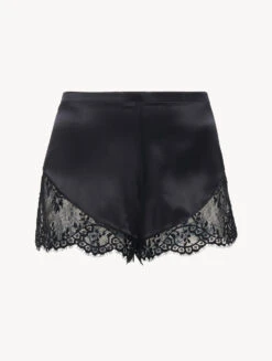 Short De Pyjama En Soie Noir Avec Finitions En Dentelle Leavers-Lingerie De Nuit En Soie-EXOTIQUE