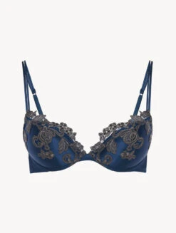Soutien-gorge Push-up En Soie Bleue Rehaussée D’une Broderie En Guipure «frastaglio» Ivoire-Rembourré-MAISON
