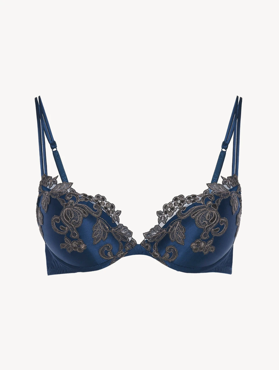 Soutien-gorge Push-up En Soie Bleue Rehaussée D’une Broderie En Guipure «frastaglio» Ivoire-Rembourré-MAISON 1 Soutien-gorge Push-up En Soie Bleue Rehaussée D’une Broderie En Guipure «frastaglio» Ivoire-Rembourré-MAISON