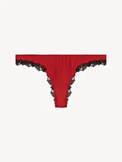 Slip Brésilien En Soie Rouge Rehaussée De Guipure «frastaglio» Noire-Tanga-MAISON