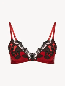 Soutien-gorge Triangle En Soie Rouge Rehaussée De Guipure «frastaglio» Noire-Triangle-MAISON