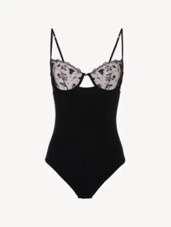 Mode Lingerie Boutique 11 Body De Couleur Onyx Avec Tulle Brodé-Bodys & Bustiers-MIDNIGHT BOTANICA