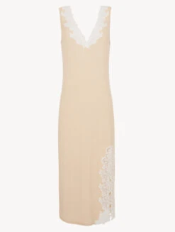 Chemise De Nuit Longue Côtelée En Cachemire Mélangé Dans La Nuance Halo Rehaussée De Guipure « frastaglio »-Chemises De Nuit-ANGEL KISS