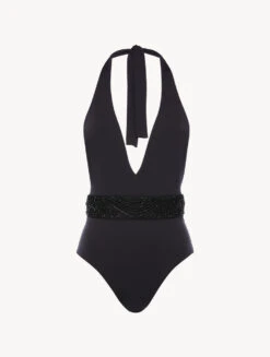 Maillot De Bain Noir Avec Broderie Perlée-Maillots De Bain-LUCI DI CAPRI