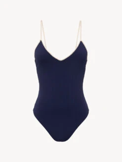 Maillot De Bain à Encolure En V Bleu Marine Avec Motif Monogrammé-Maillots De Bain-SIGNATURE