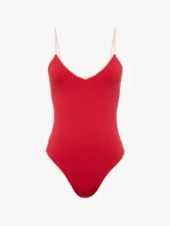 Maillot De Bain à Encolure En V Rouge Avec Motif Monogrammé-Maillots De Bain-SIGNATURE